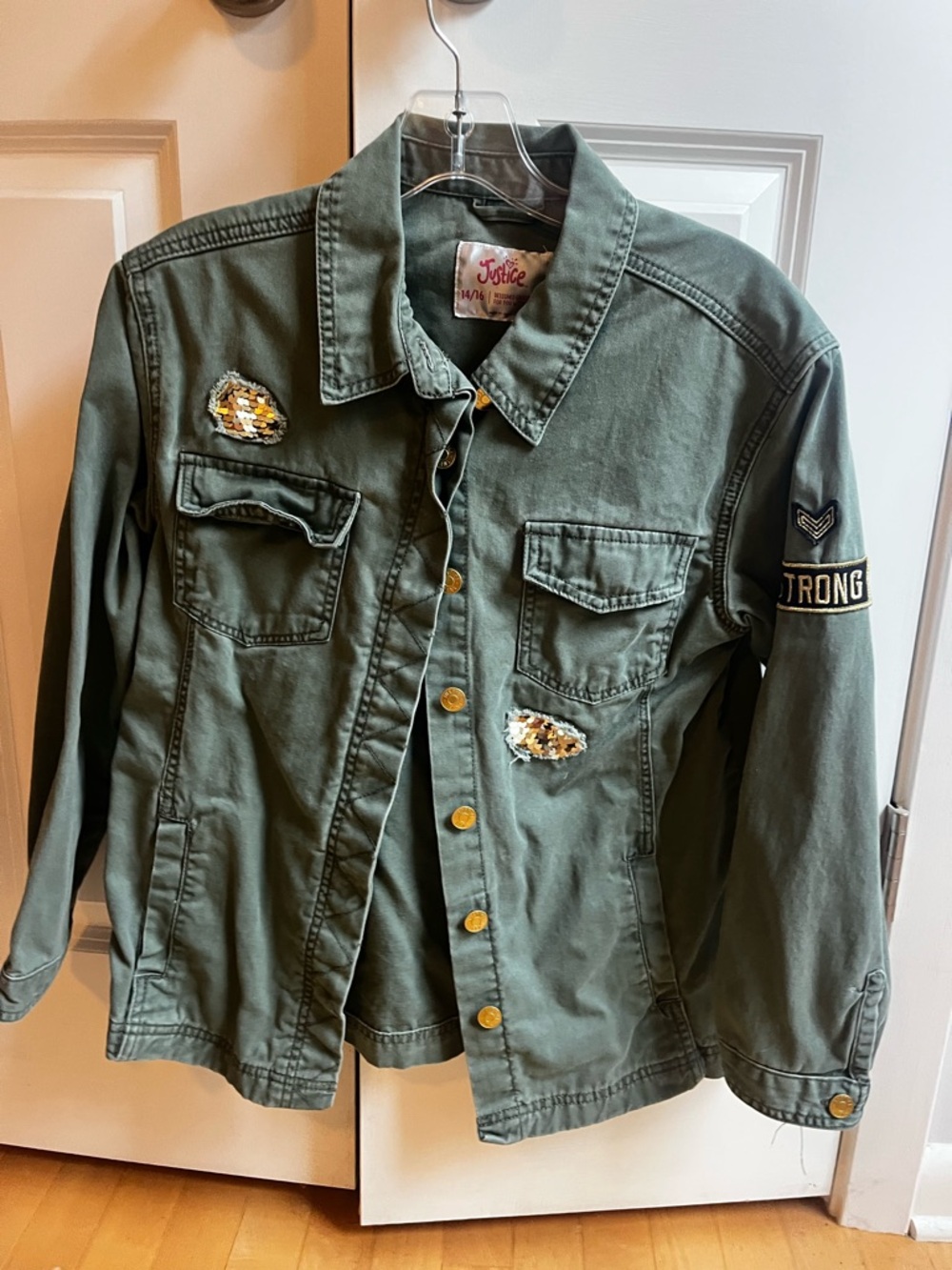 Justice Olive Green Utility Jacket with Sequin Patches
